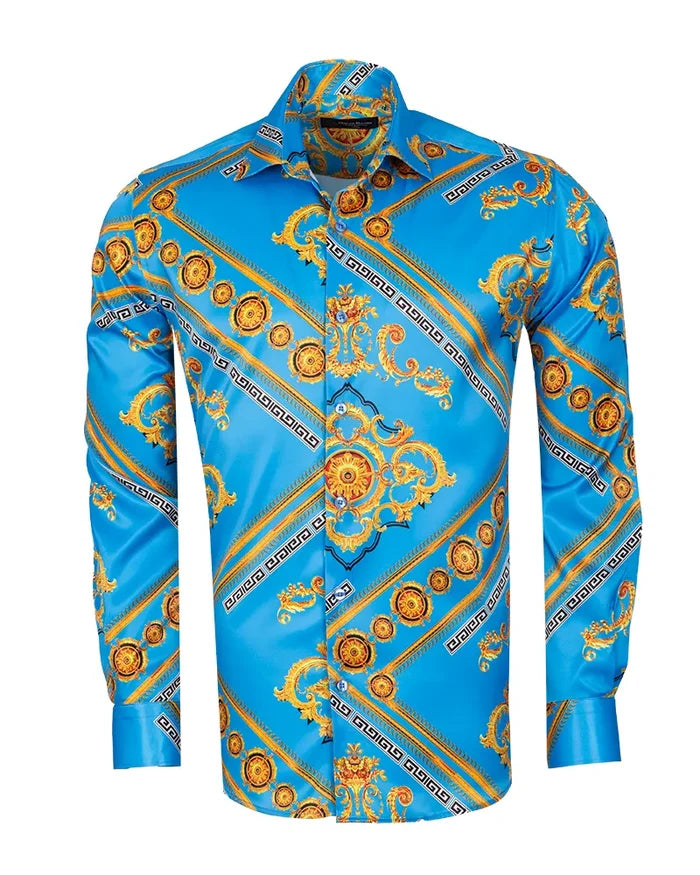 Light Blue Baroque Chain & Paisley Print Men`s Shirt-Makrom