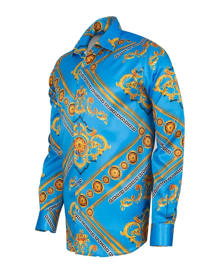 Light Blue Baroque Chain & Paisley Print Men`s Shirt-Makrom