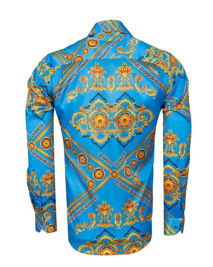 Light Blue Baroque Chain & Paisley Print Men`s Shirt-Makrom