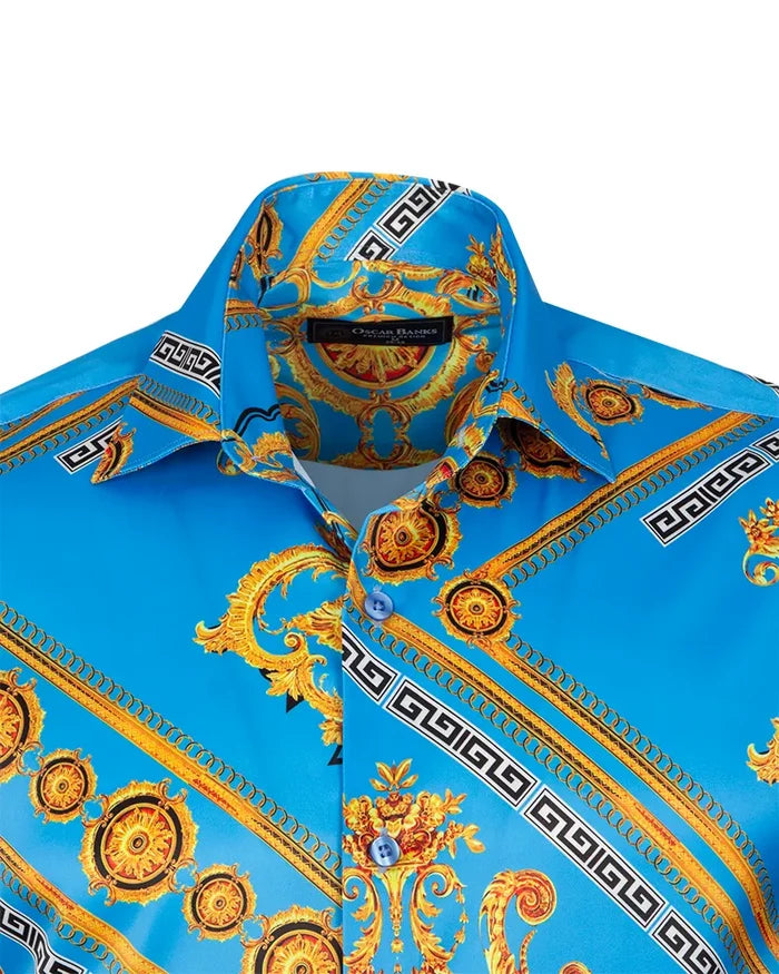 Light Blue Baroque Chain & Paisley Print Men`s Shirt-Makrom