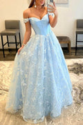 Light Blue Prom Dress 2024 Off the Shoulder Tulle Butterfly