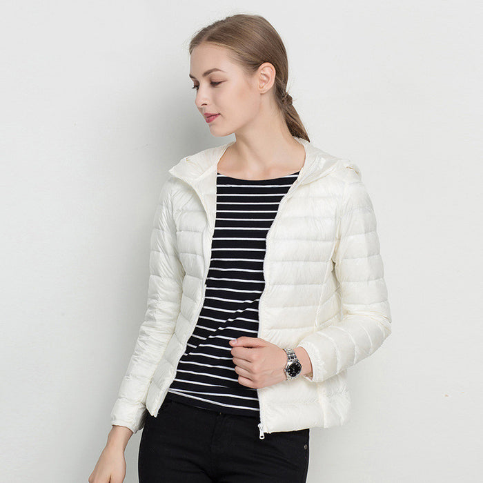 women lightweight down jacket zipper front minimal modern design