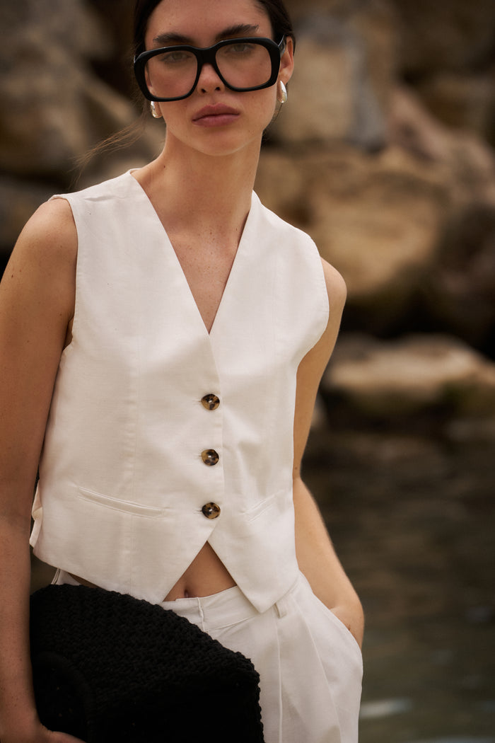 LINEN BLEND WAISTCOAT - WHITE