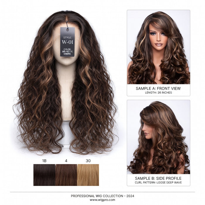 Long curly wig with bangs in Dark Chocolate Brown showing 60-65cm big waves, oblique fringe and rose net cap for women daily.