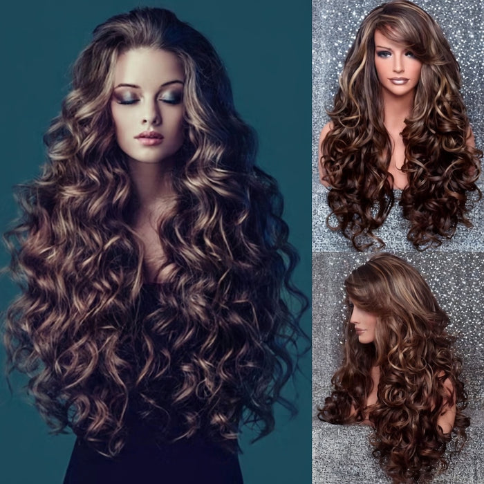 Dark Chocolate Brown big wave wig with 60-65cm curls, oblique side-swept bangs and machine-made rose net cap for women style.