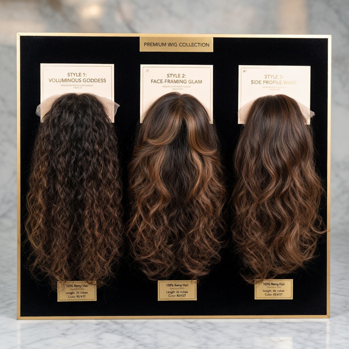 Kanekalon synthetic wig in Dark Chocolate Brown with long big waves, oblique bangs and adjustable average adult cap for wear.