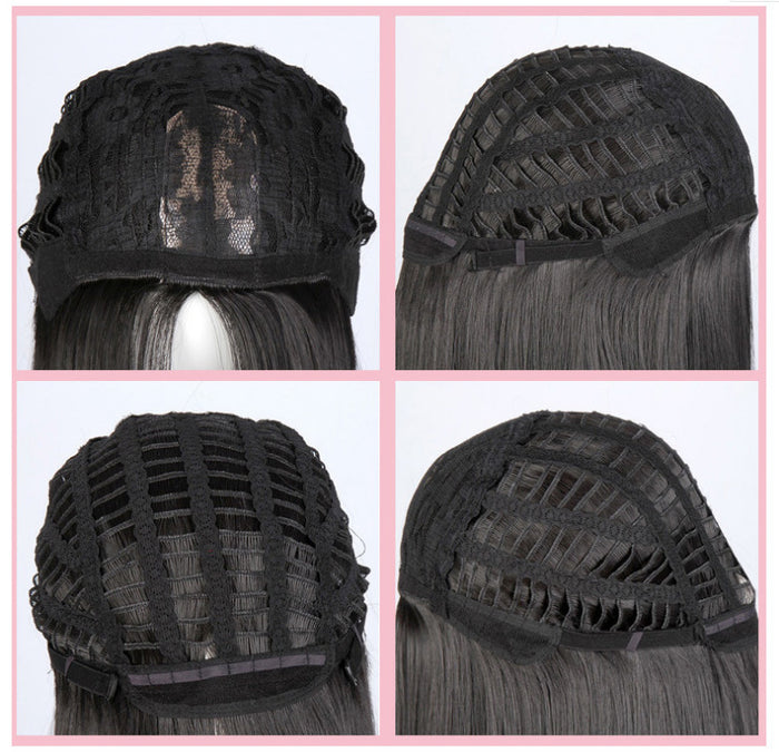 Women's long curly synthetic wig with 60-65cm big waves, Dark Chocolate Brown shade, oblique bangs and rose net construction.