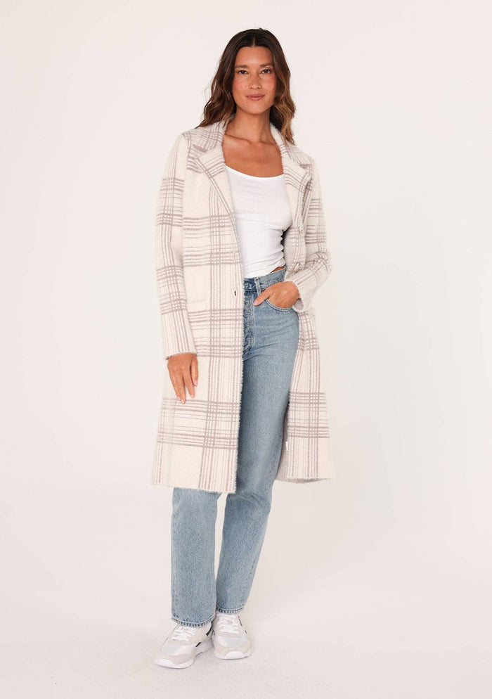 Long Fuzzy Plaid Collared Coatigan