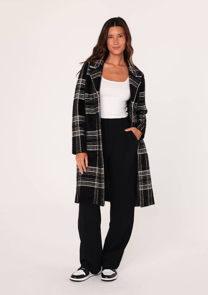 Long Fuzzy Plaid Collared Coatigan
