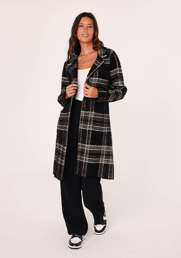 Long Fuzzy Plaid Collared Coatigan