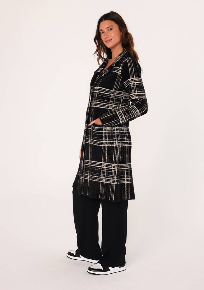 Long Fuzzy Plaid Collared Coatigan
