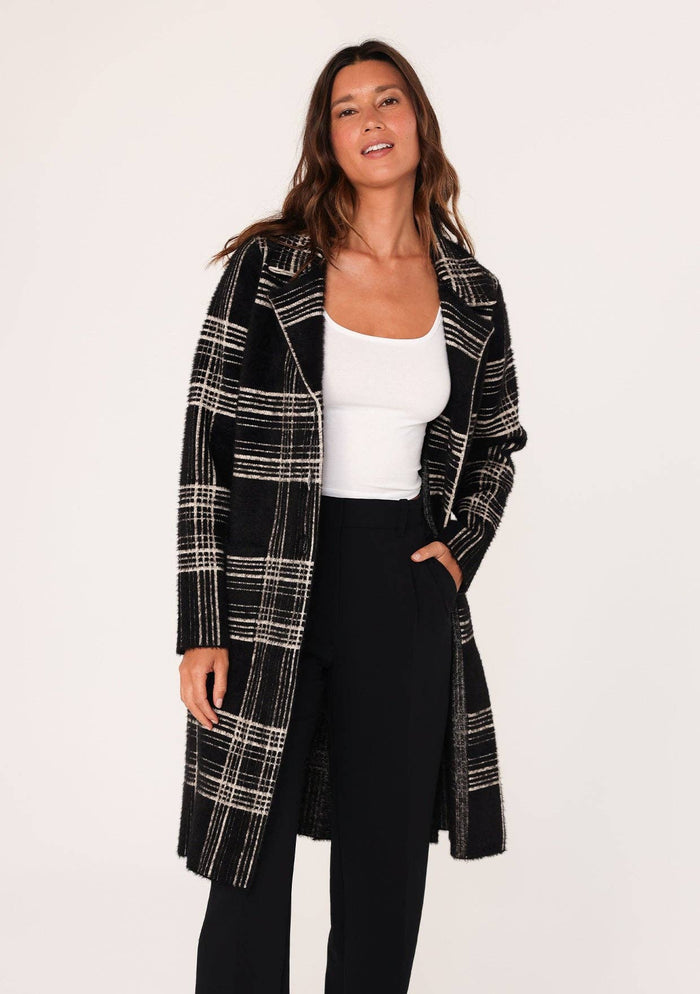 Long Fuzzy Plaid Collared Coatigan