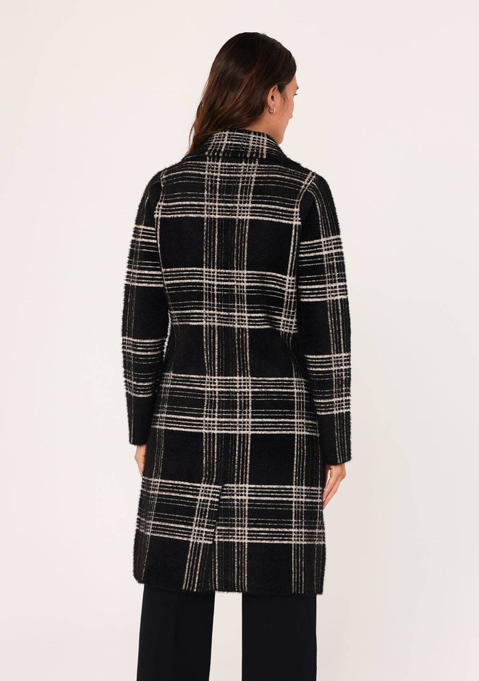 Long Fuzzy Plaid Collared Coatigan