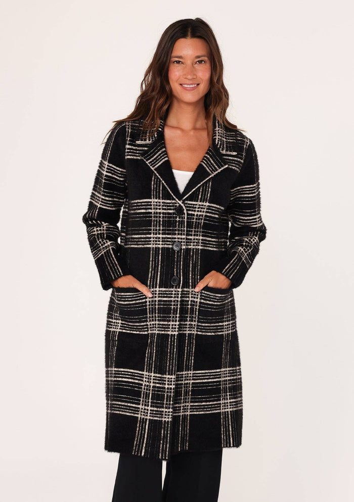 Long Fuzzy Plaid Collared Coatigan
