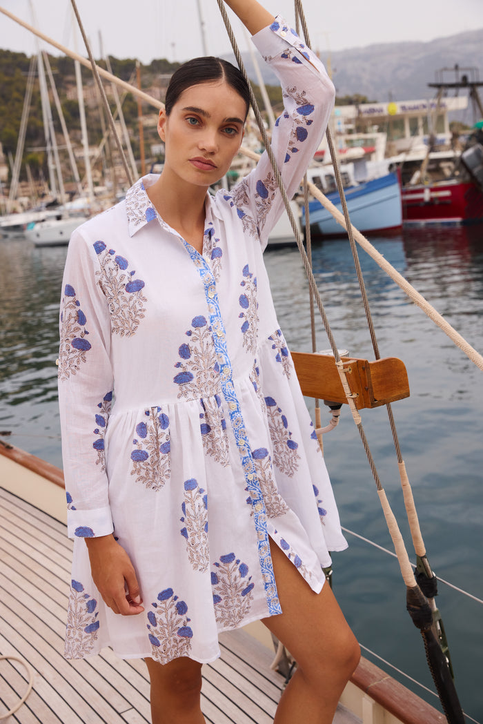 Long Sleeve Shirt Dress Mini- Laguna Blue