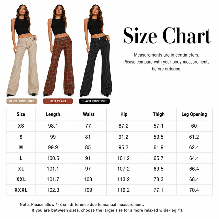 Size chart for wide-leg pants with measurements in centimeters, displayed against a white background.