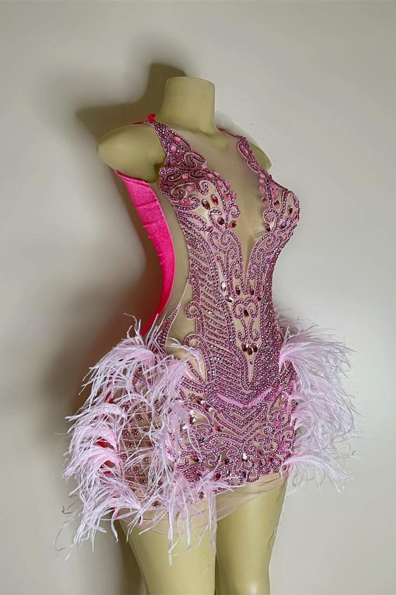 Luxurious Homecoming Dress 2023 Plunging Neck Sleeveless Sequin with Feathers