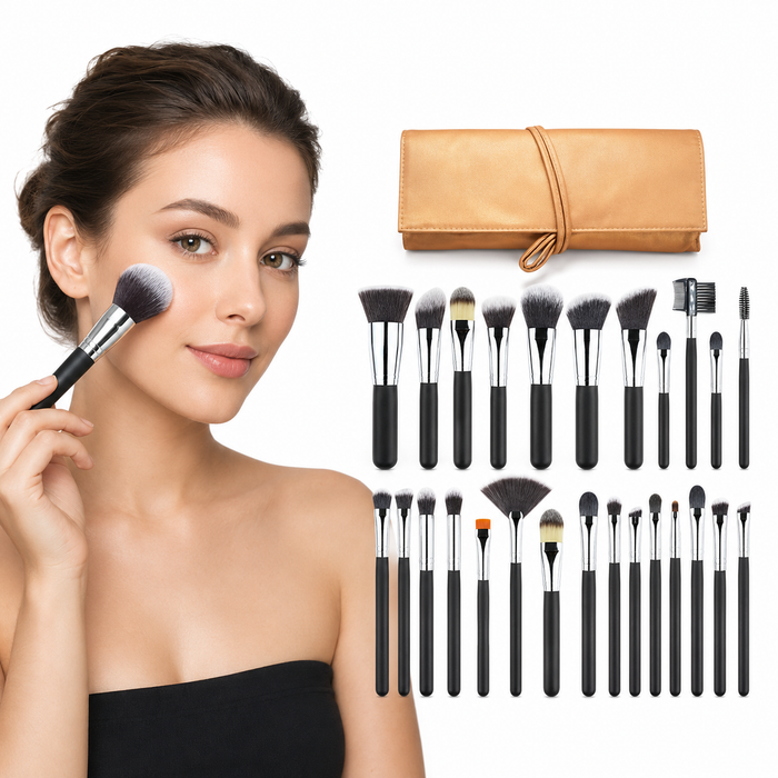 24 piece makeup brush set arranged for face and eye application with smooth bristles and varied shapes for daily beauty looks