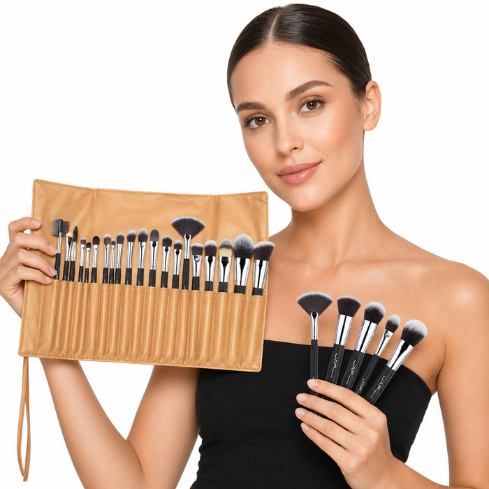 Complete makeup brush set with 24 tools displayed for powder, blending, contouring, eye detail and everyday cosmetic routines