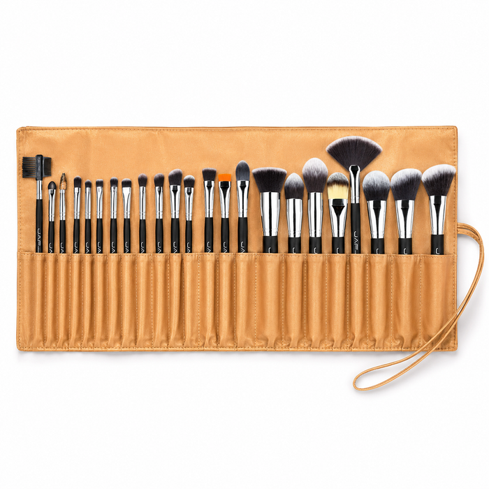 Makeup brush set showing assorted brush heads for controlled powder pickup, seamless blending and precise face and eye makeup