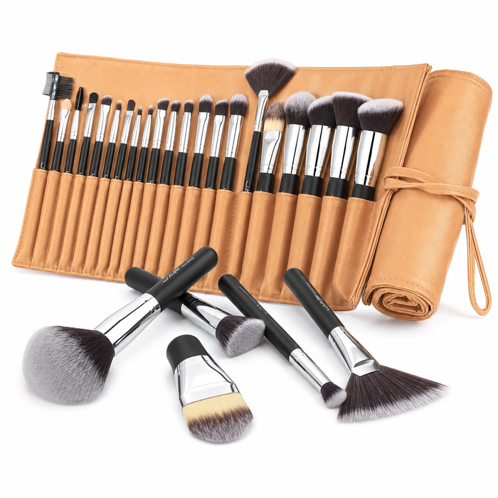 Professional-style 24 piece makeup brush set organised for foundation powder, blush, contour, eyeshadow and daily detail work