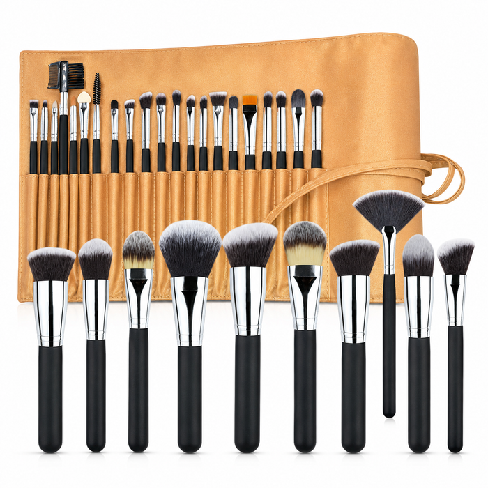 24 makeup brushes displayed by size and shape for daily face makeup, eye definition, seamless blending and finishing touches.