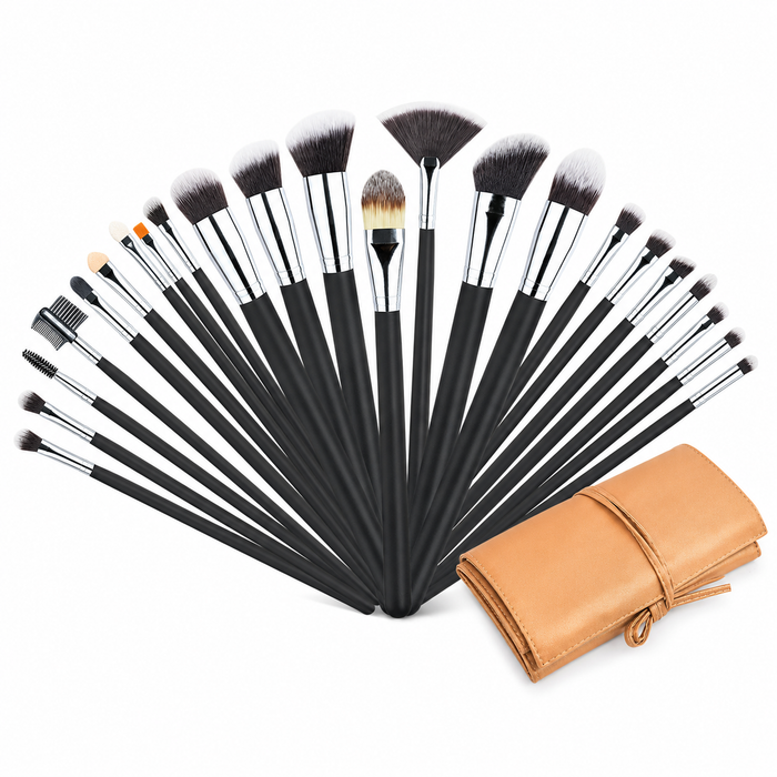 Makeup brush set prepared for the vanity routine with larger face brushes and smaller precision tools for detailed eye makeup