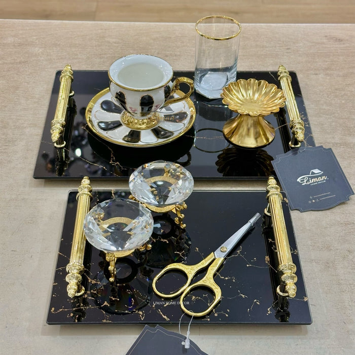 Liman Home Decor - Liman Online MARMER VERLOVINGSDIENBLAD GLAS ZWART | GOUD