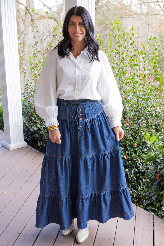 Dark denim maxi skirt by Peach Love California, perfect for dressy outfits