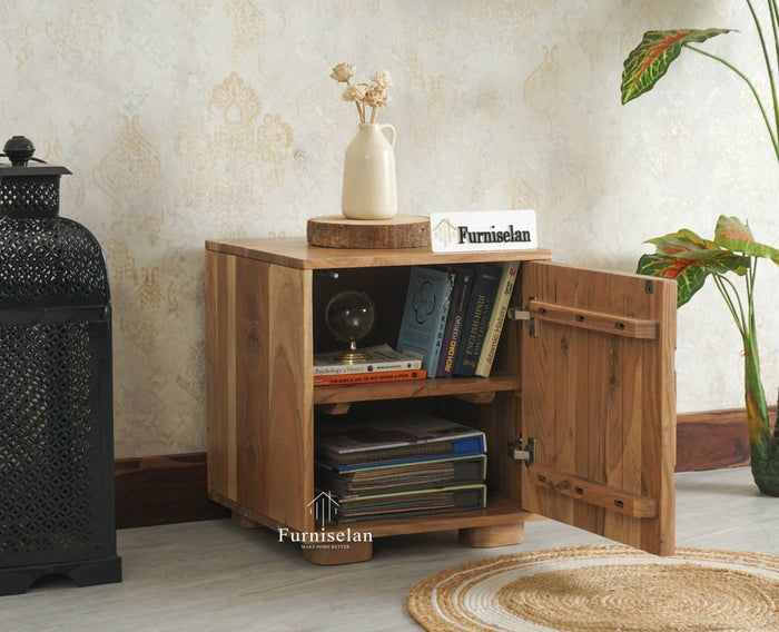 Melbourne Block Wooden One Door Bedside Table Nightstand Furniselan Natural Finish