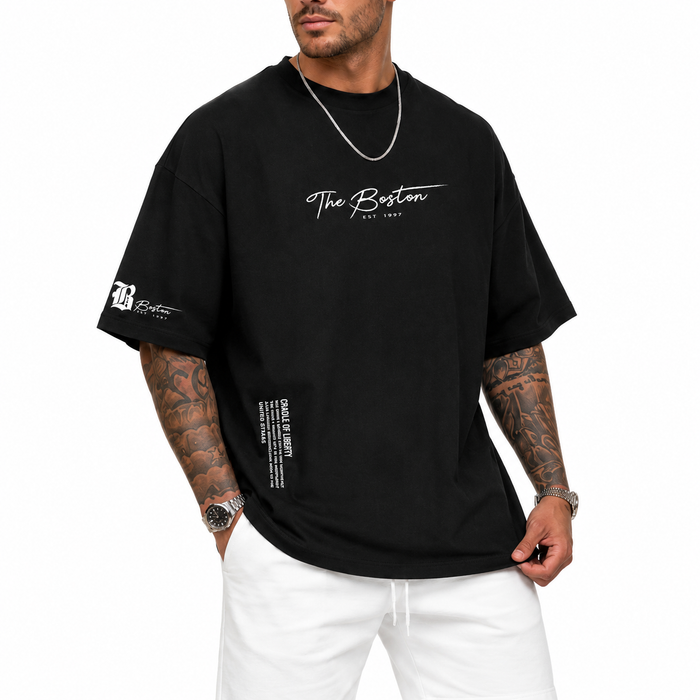 Korean style t shirt men outfit with a relaxed pullover fit, short sleeve cut and simple letter pattern for daily summer use.