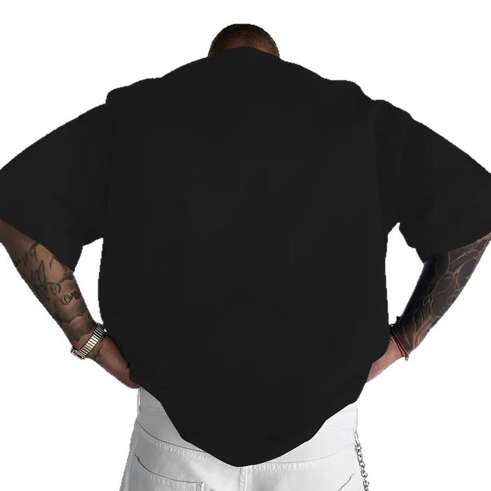 Men short sleeve shirt in black with letter pattern, relaxed loose cut and clean round neck for everyday casual summer looks.