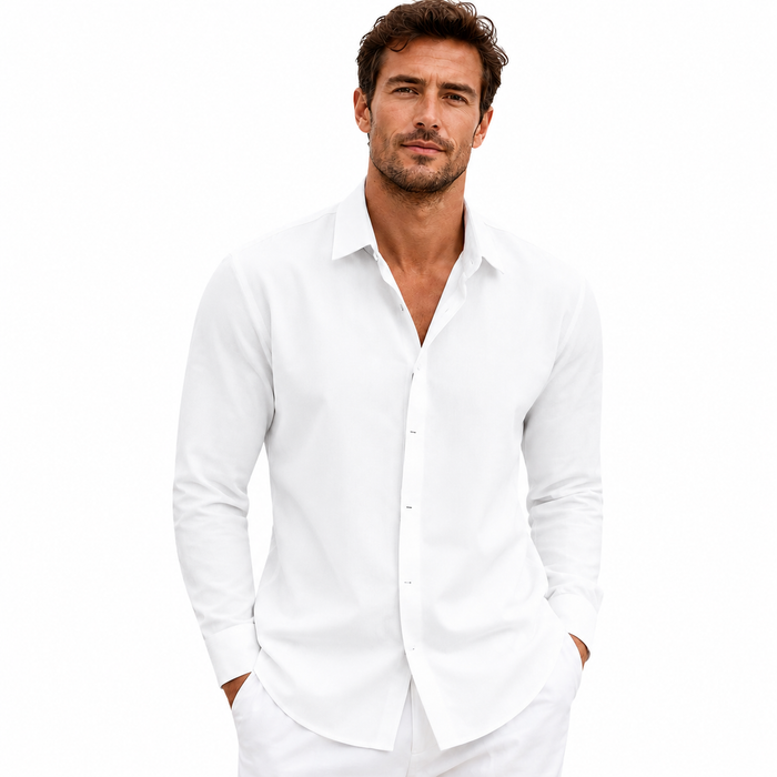 White men loose fit long sleeve shirt with clean solid color look, casual cardigan style and relaxed autumn streetwear outfit