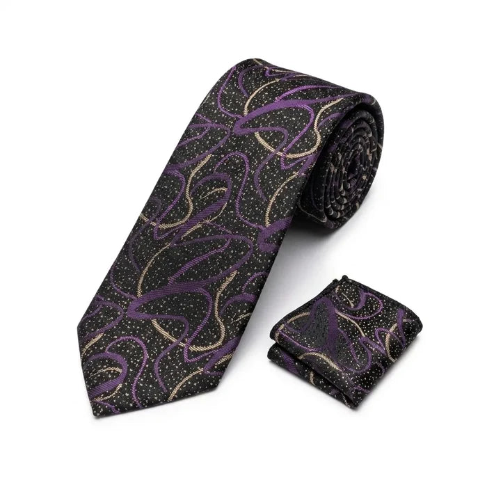 Men's Black Abstract Pattern Tie and Pocket Square Set KR 188