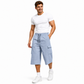 Mens casual cargo shorts with elastic waist, side pocket detail and longer cropped cut for relaxed daily wear