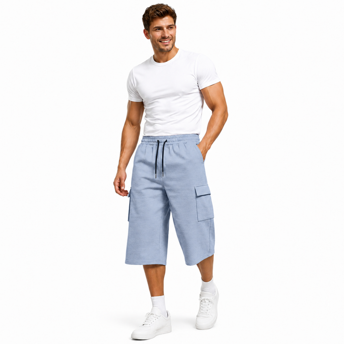 Mens casual cargo shorts with elastic waist, side pocket detail and longer cropped cut for relaxed daily wear