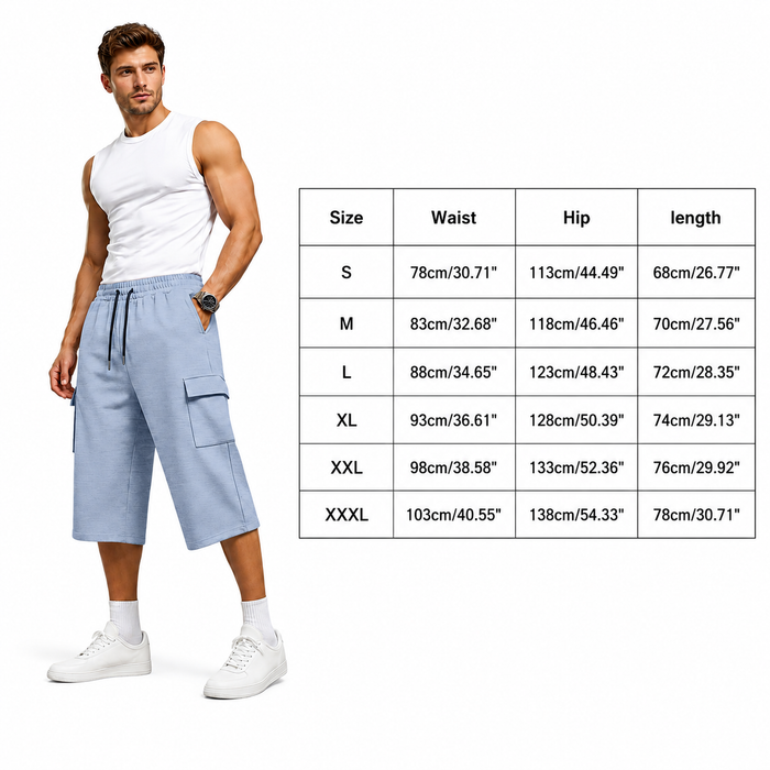 Cropped cargo shorts for men with straight-leg shape, drawstring closure and easy sport casual outfit appeal