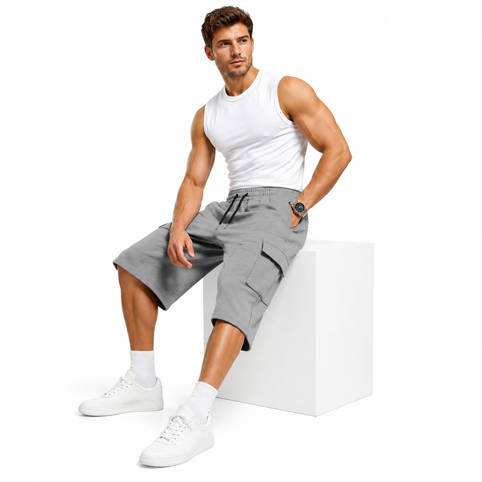 Drawstring cargo shorts for men with relaxed wide fit, cropped leg and practical side pocket for everyday styling
