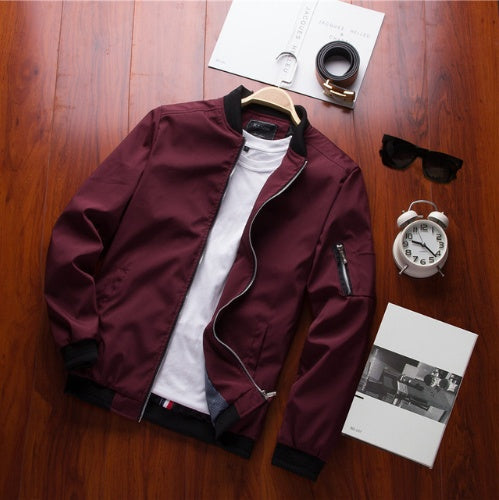 Men's baseball jacket stand collar upper chest close-up blue slim fit solid color design