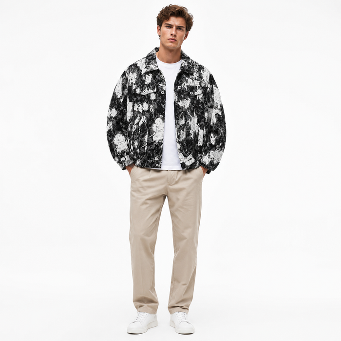 Streetwear outerwear jacket for men with graphic floral pattern and casual fit