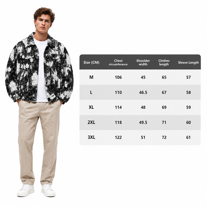 Man wearing a black and white floral jacket with a size chart on a white background