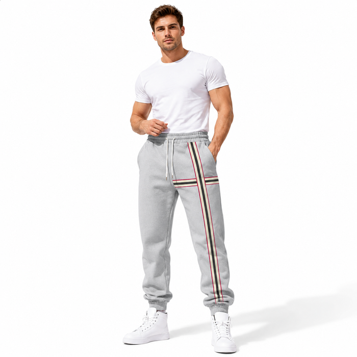 Men's striped joggers with drawstring waist, practical pockets and polyester-spandex fabric for easy everyday casual outfits.