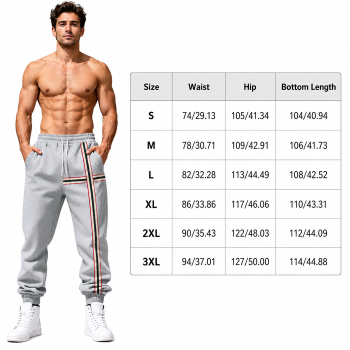 Men's casual joggers with striped design, drawstring closure and pockets, in 95% polyester and 5% spandex for casual styling.