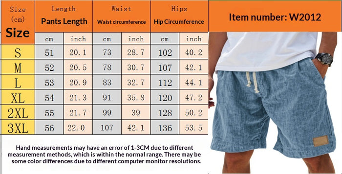 Size chart for pants with measurements in centimeters and inches, displayed with a person wearing blue shorts.