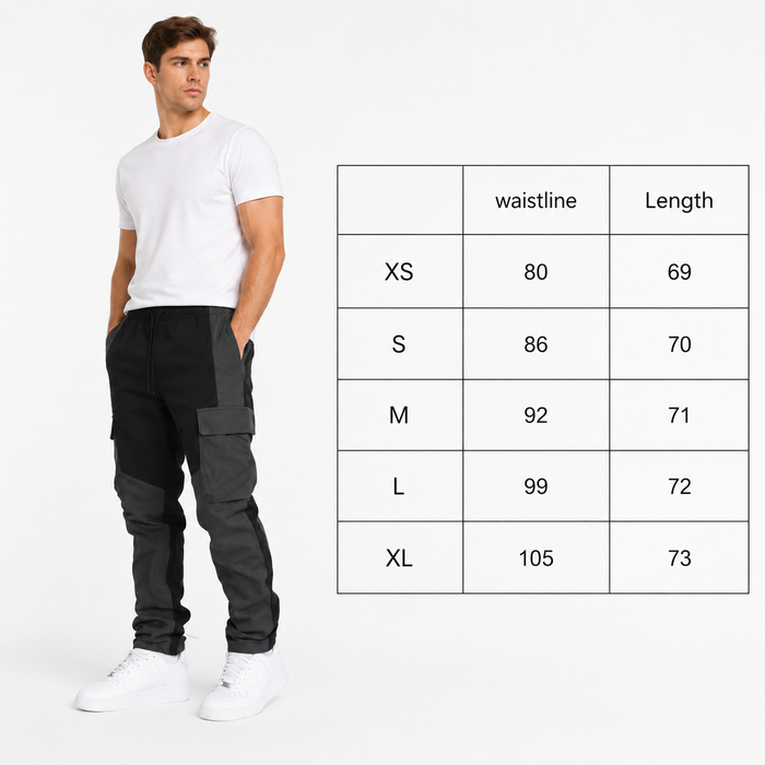 Men's black loose fit cargo trousers size chart for XS to XL with waistline and length