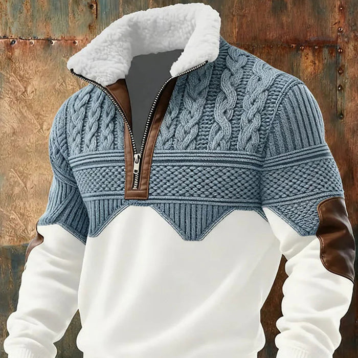 Side profile of men's sherpa collar pullover in navy colorway