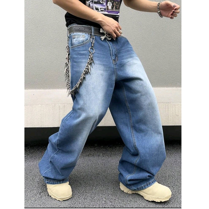 Men's straight loose jeans back view sky blue wash pocket detail relaxed hip thigh fit clean cut denim