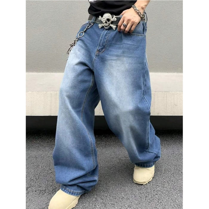 Men's relaxed fit jeans sky blue styled white sneakers urban streetwear casual minimal outfit cotton denim
