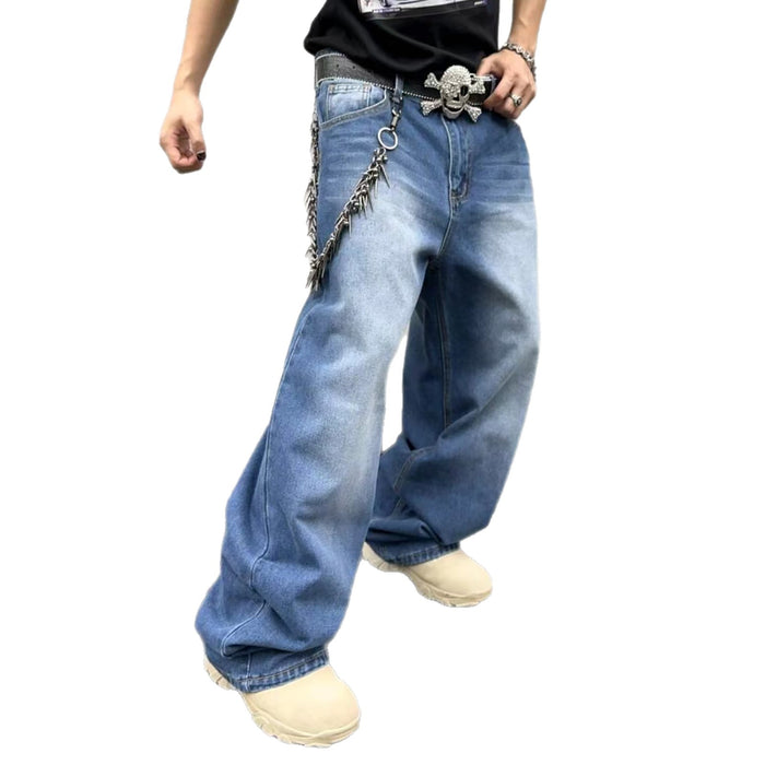 Men's straight loose jeans flat lay product view sky blue zip placket waistband pocket stitching cotton