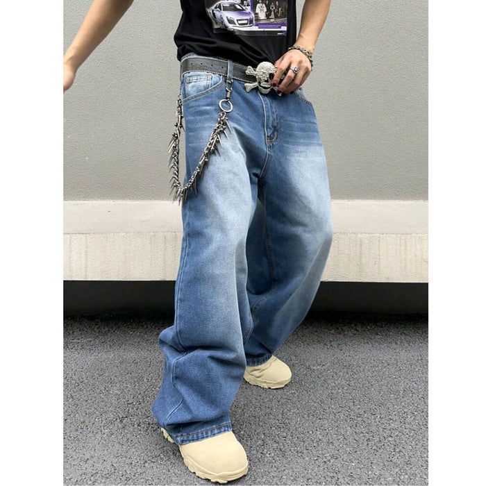 Men's loose fit denim jeans sky blue zip fly close-up clean polished hardware detail cotton straight cut